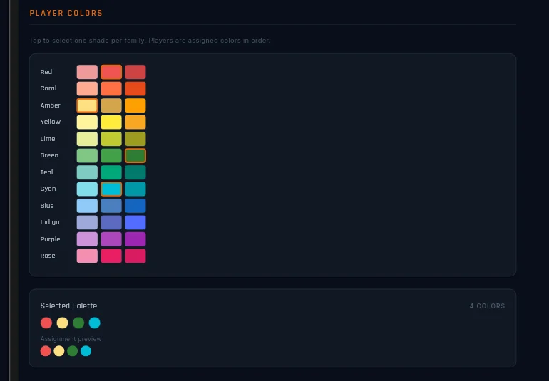 The colour family grid with four shades selected
