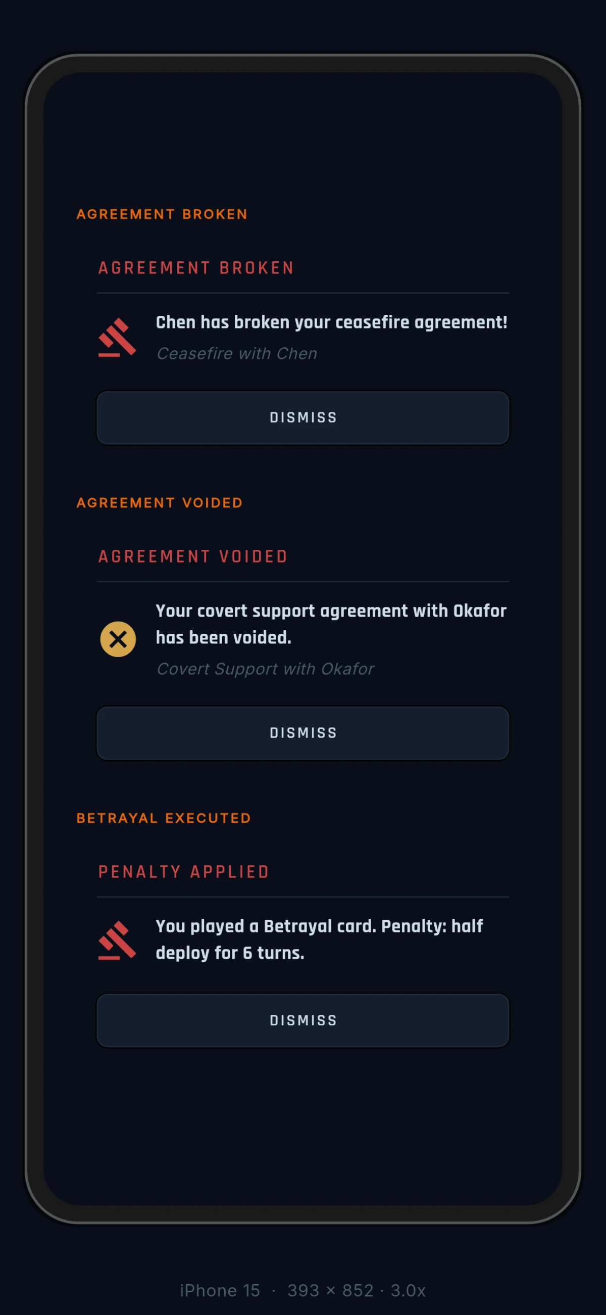 Betrayal notifications showing agreement broken and deploy penalty