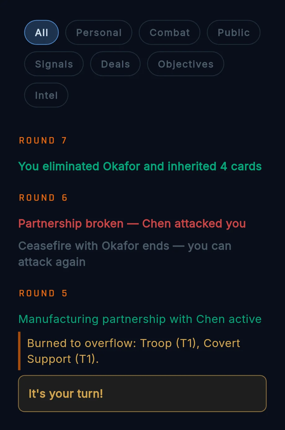 Event log with filter chips, the unread dot, an orange direct signal, and a nested reaction