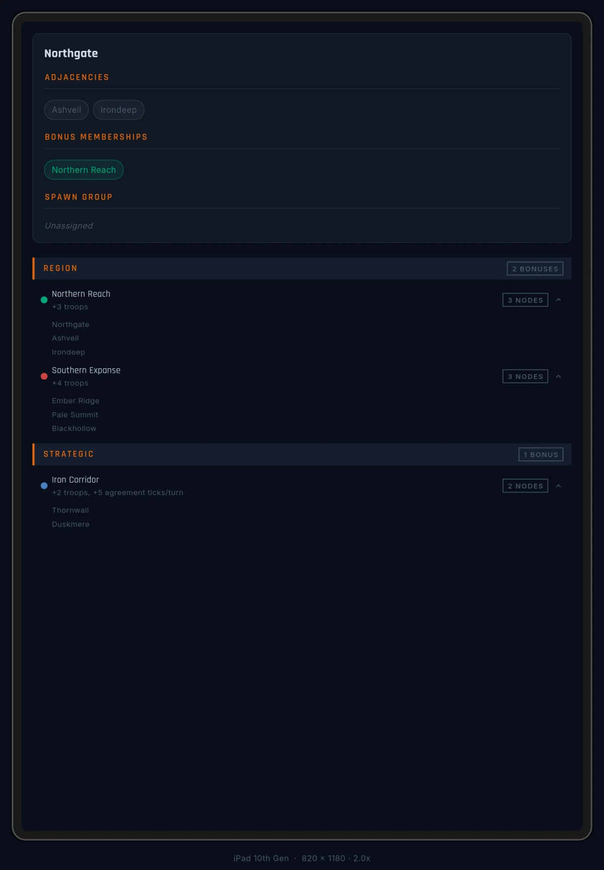 The Territories & Bonuses tab with a node selected and the ActiveNodeCard populated