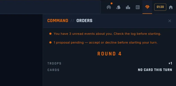 Off-turn orders panel showing the brief with both alert banners