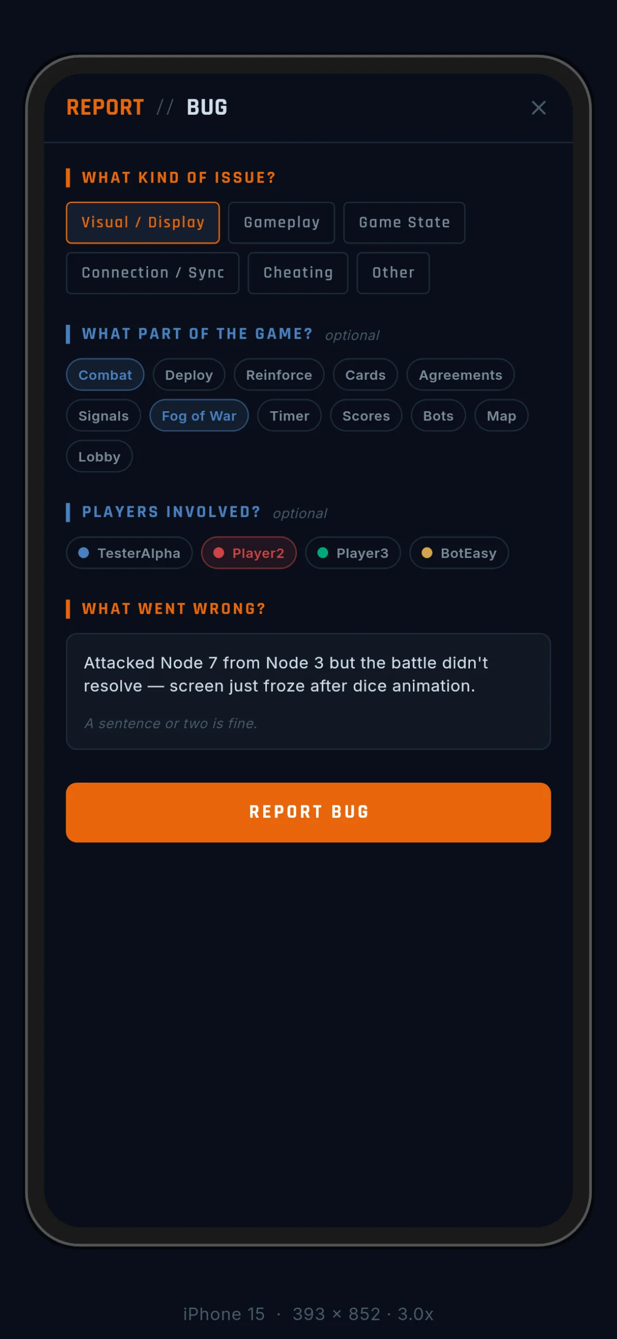 A filled-out bug report with category, features, players, and description